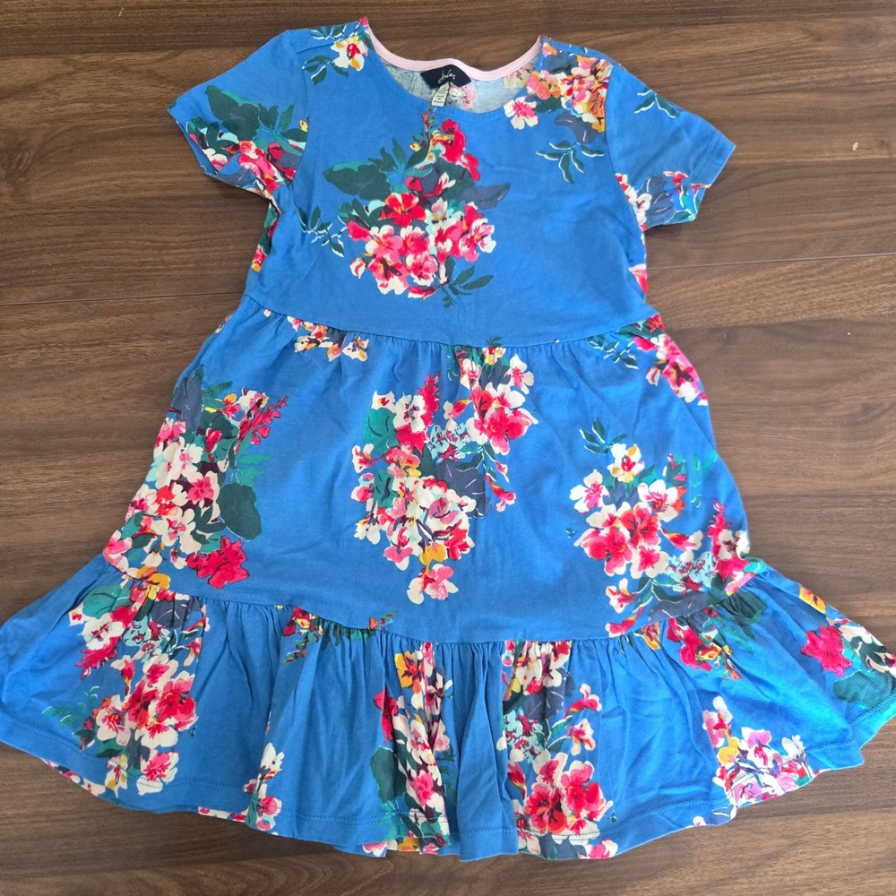 Joules Girls Blue Floral Tiered Cotton Jersey Dress Short Sleeve Size 6Y 116cm
